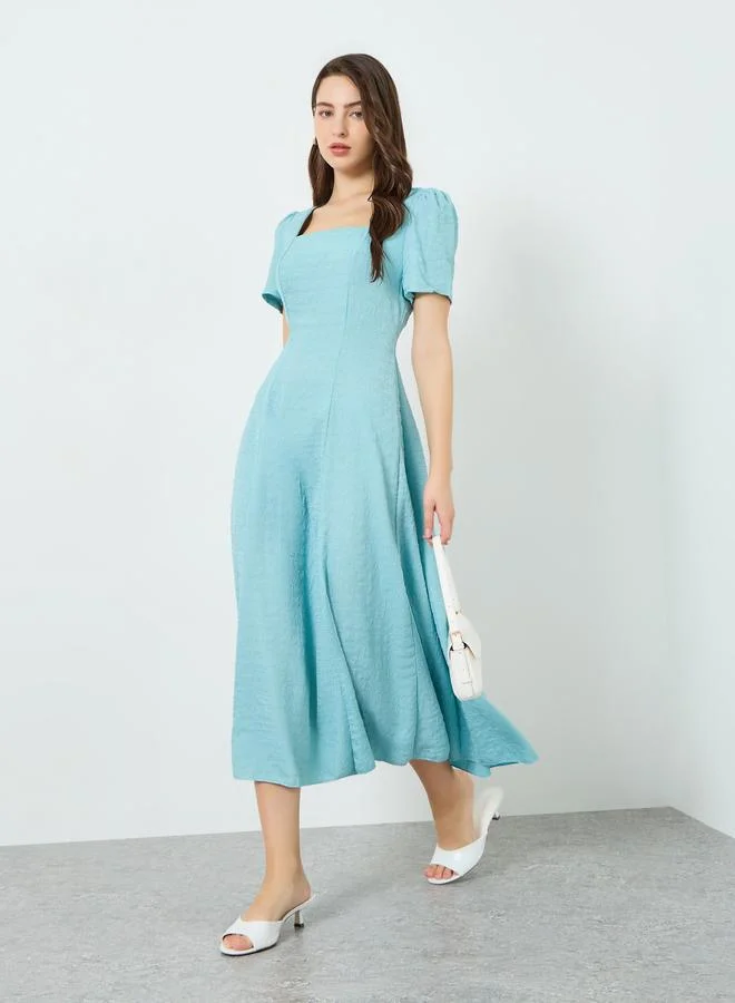 تايك تو فستان ميدي بملمس بارز وياقة مربعة وخصر محدد للنساء